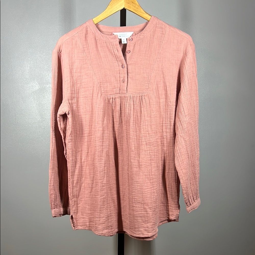 Market & Spruce Pink Long Sleeve Blouse with Mandarin Collar